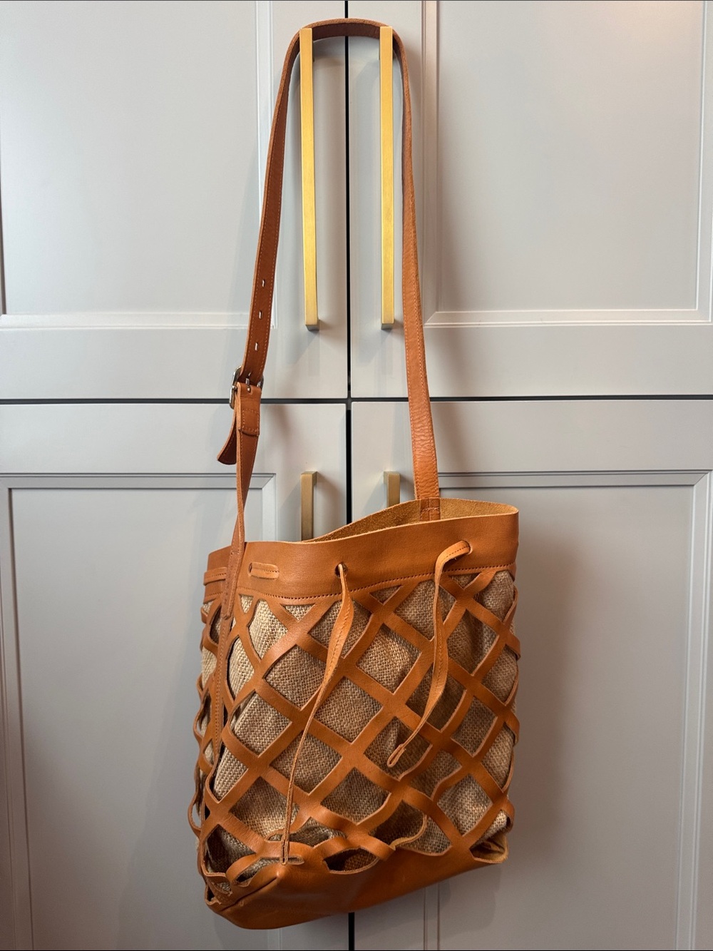 Woven Leather-Trim Tote Bag in Cognac